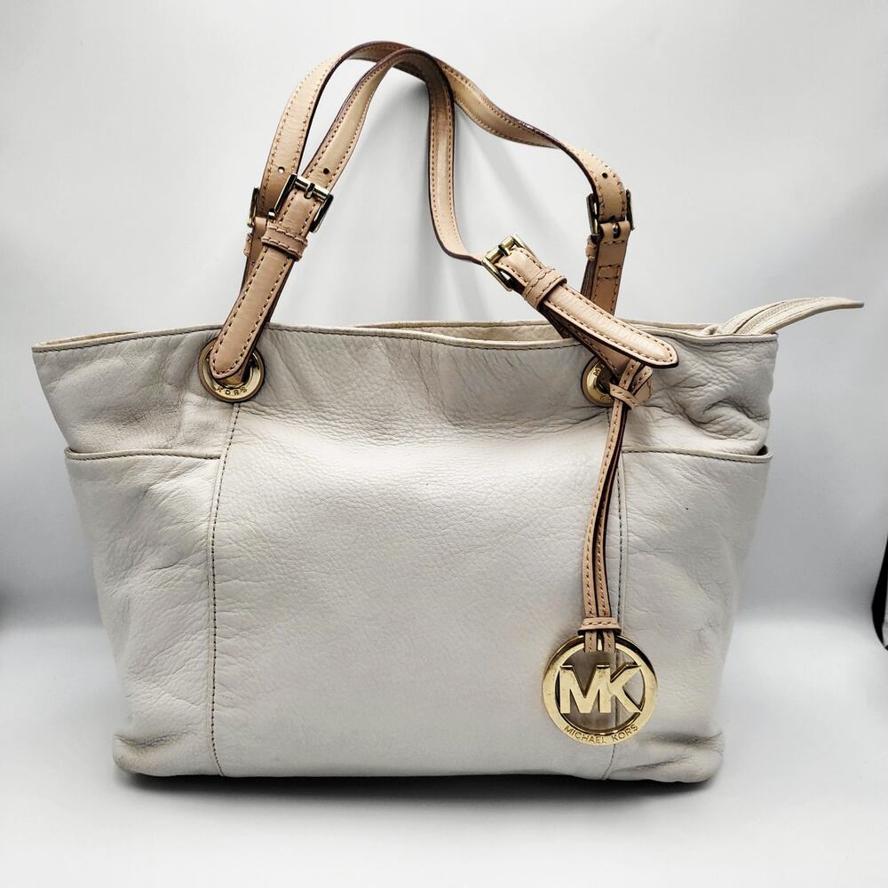 Michael Kors Jet Set Tote White Pebbled Leather Large Shoulder Bag Career Travel